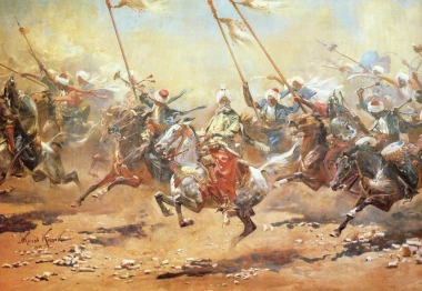 Battle of the Pyramids reproduction, sketch by Wojciech Kossak. Dynamic figures of riders on moving horses.