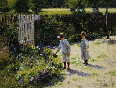 Children in the Garden reproduction by Władysław Podkowiński 1746 - Graphic design featuring two children in white clothing.