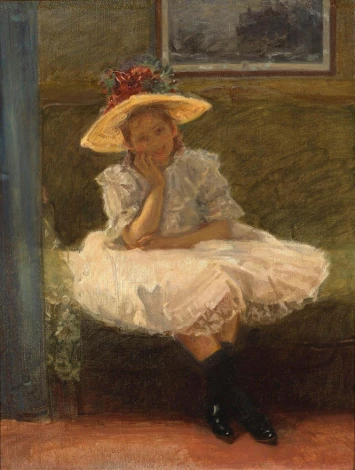 Girl in a Hat reproduction by Władysław Podkowiński - Styled living room with muted walls and furniture.