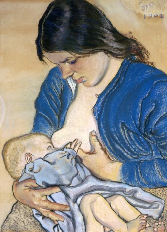 Motherhood reproduction by Stanisław Wyspiański. Graphic design featuring a mother nursing her child in blue attire.