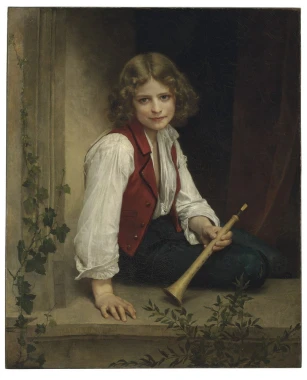 Reproduction of Pifferaro by William-Adolphe Bouguereau. Boy in a white shirt and red vest holding a...