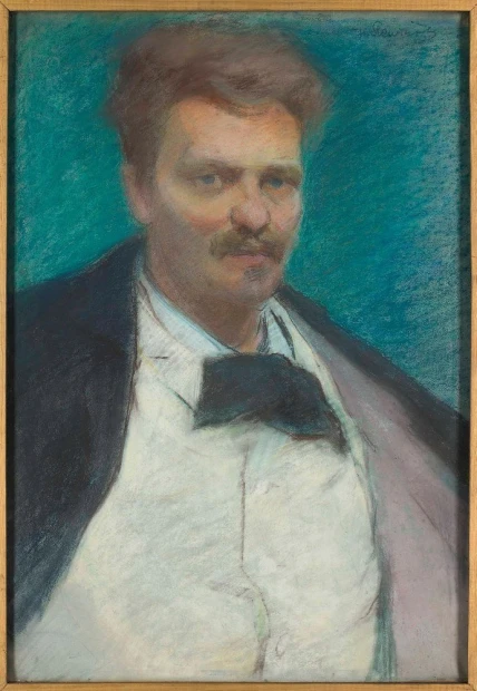 Portrait reproduction of August Strindberg by Władysław Ślewiński. Man with a mustache in a white shirt.