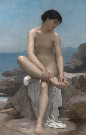 Reproduction of The Bather by William-Adolphe Bouguereau - Graphic design featuring a woman sitting on a stone with a raised leg.