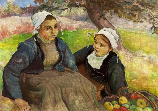 Reproduction of Two Breton Women with a Basket of Apples by Władysław Ślewiński. Two women in folk costumes seated.