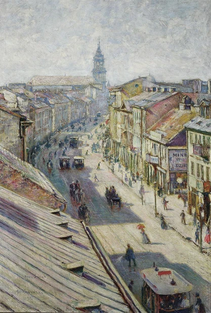 Reproduction of "View from the Studio" by Władysław Podkowiński, featuring a street scene with buildings, vehicles, and figures.