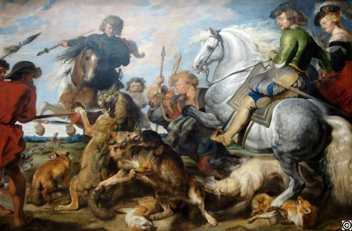 Reproduction of Wolf and Fox Hunt by Peter Paul Rubens - Graphic design featuring a hunting scene with figures, horses, and animals in motion.