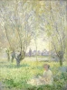 Reproduction of Woman Seated under the Willows by Claude Monet - A graphic design featuring a woman among trees with a rural backdrop.