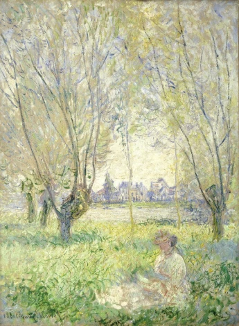 Reproduction of Woman Seated under the Willows by Claude Monet - A graphic design featuring a woman among trees with a rural backdrop.