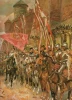 Reproduction of Żółkiewski with hussars by Wojciech Kossak. Scene shows hussars on horseback with flags in the background.