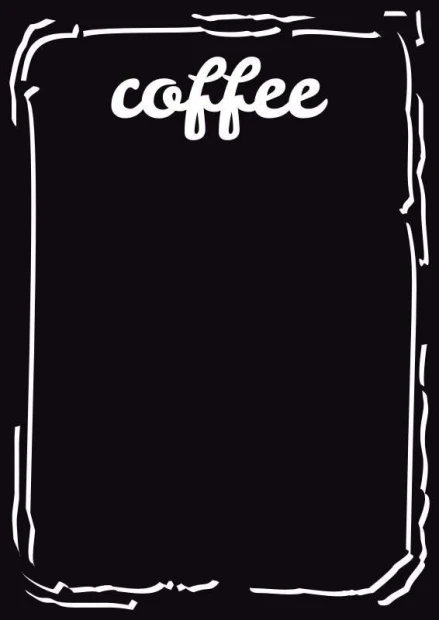 Chalkboard with coffee print 010 - Black rectangle with white coffee text at the top. White frame.