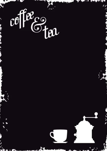 Chalkboard with coffee and tea print 020 - Black background with white text and silhouette.