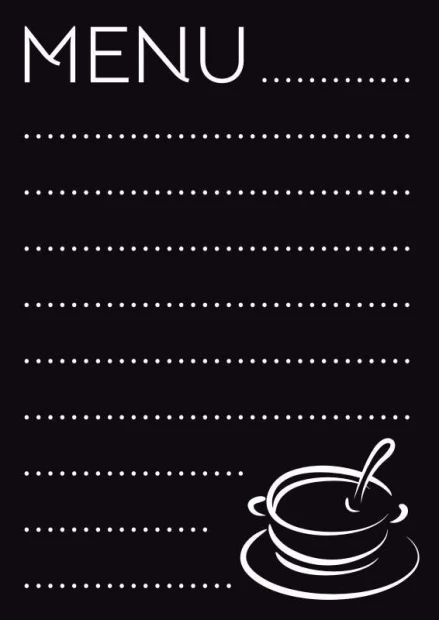 Chalkboard menu 021 - Graphic design. Black background with white lines and an illustration of a bowl with a spoon.