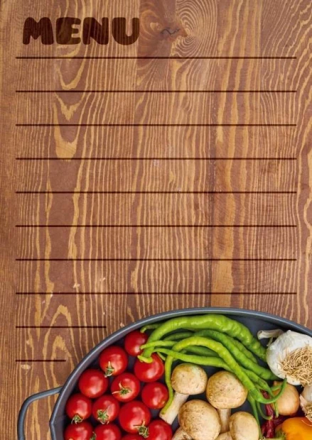 Chalkboard menu 030 - Graphic design with wooden background, featuring text and vegetables in a pot.