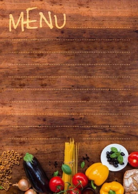 Chalkboard menu sign 032 - Graphic design featuring the word MENU with vegetables and pasta on a wood background.