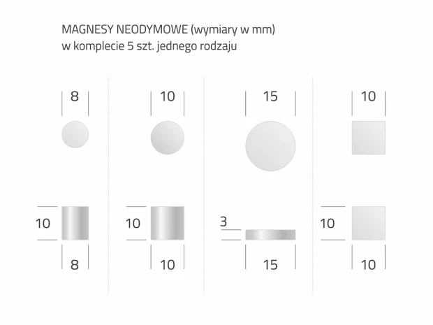 Set of 5 neodymium magnets in various sizes and shapes: round and rectangular, with graphic designs.
