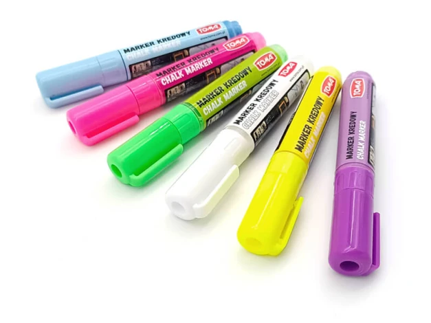 Toma TO291 chalk marker - 8x5mm - Graphic design. Six markers in various colors, each with a rectangular tip.