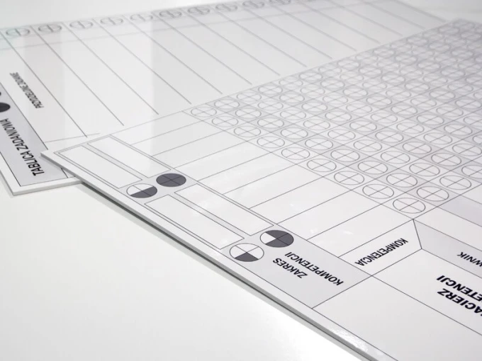 Magnetic dry-erase lean competency matrix board 078 - Graphic design with grid and circles layout.