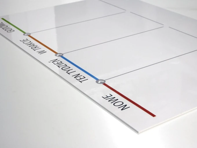 Dry-erase Kanban board 097 - Graphic design. Simple board with horizontal lines and colored markers.