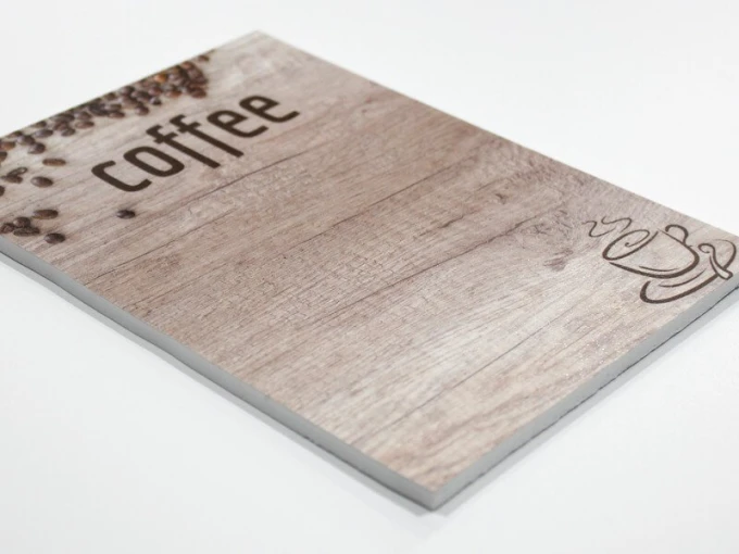 Chalkboard with coffee print 034 - Graphic design featuring a coffee text and illustration on a wood-like background.