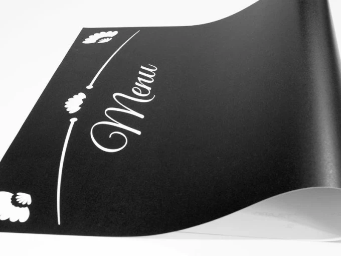 Chalkboard menu sign 022 - Black background with white "Menu" text and decorative elements.