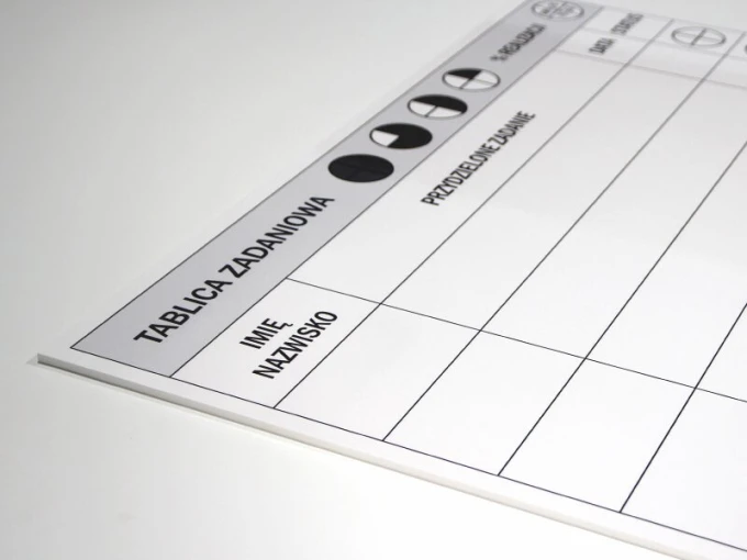 Magnetic whiteboard for task assignment 089 - Graphic design. Rectangular board with a table, round shape.