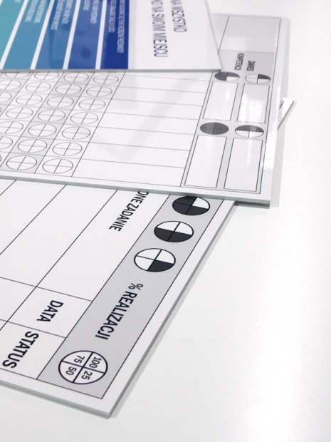 Magnetic dry-erase board for task allocation 089 - Graphic design with tables and circles in various colors.