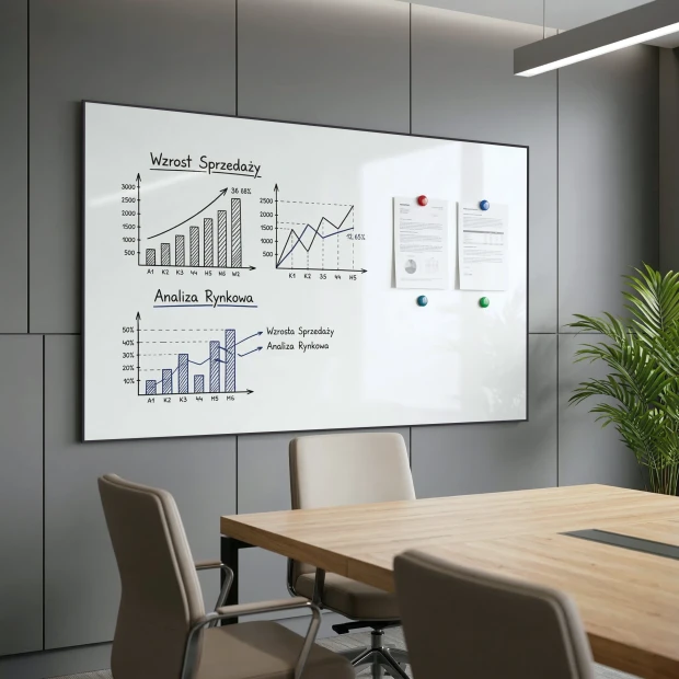 Custom dry-erase magnetic board in an aluminum frame - Designed for a conference room with dark walls.