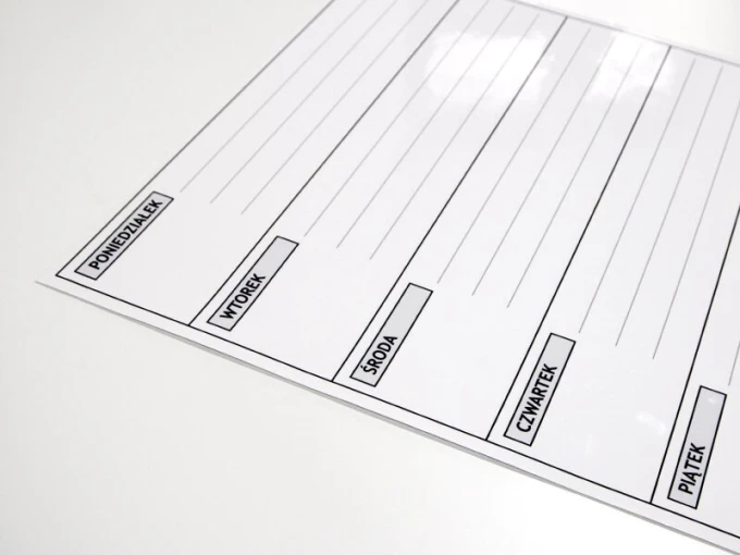 Weekly planner dry-erase board 017 - Graphic design. Simple grid with days of the week and lines for writing.