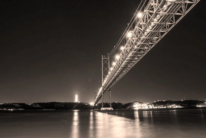 Wall mural of a illuminated bridge against a navy blue sky, FP 3106 - Graphic design. Bridge with lighting at night.