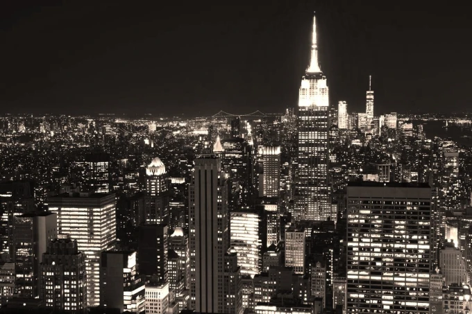 Wall mural of New York City night skyline FP 3182 - Graphic design featuring skyscrapers, illuminated buildings, and bridges.