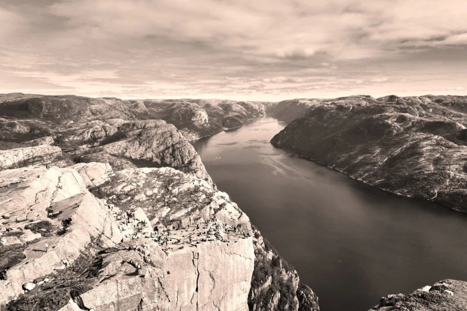 Wide river wall mural FP 3154 - Graphic design featuring a river surrounded by mountains, clouds, and calm water.