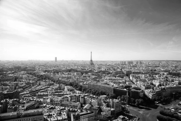 Wall mural Paris panorama FP 3212 - Graphic design featuring the Eiffel Tower and city buildings in the background.