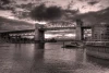 Wall mural of a steel bridge against a colorful sky FP 3240 - Graphic design. Arched bridge over water.