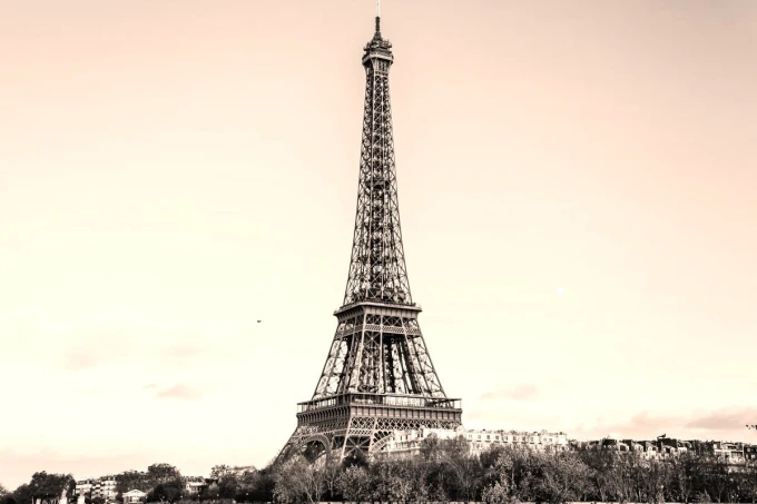 Eiffel Tower wall mural against a pastel sky, FP 3247 - Graphic design with the Eiffel Tower at the center.
