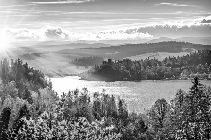 Wall mural early autumn morning FP 3335 - Graphic pattern. View of a lake, mountains, and a castle in the background.