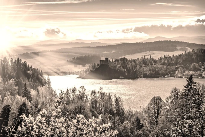 Wall mural early autumn morning FP 3335 - Graphic design. View of a lake, mountains, and a castle in the background.