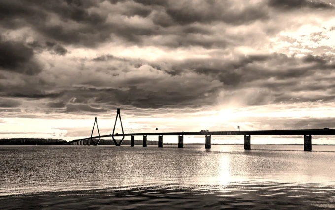 Wall mural of a bridge over a lake FP 3413 - Graphic pattern. Monochrome bridge over water design.