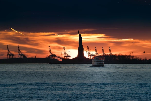 Wall mural of the Statue of Liberty FP 3475 - Graphic design. Silhouette of the statue against a sunset backdrop.