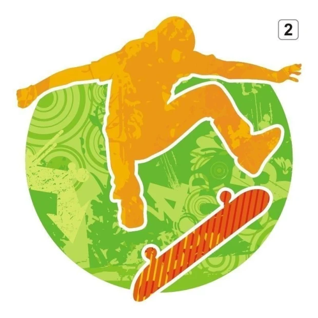Multicolored skater sticker with a dynamic design, perfect for a youth room or wall.