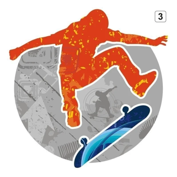 Multicolored skater sticker in an energetic style, perfect for a modern youth room.
