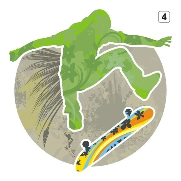 Multicolored skateboard sticker, dynamically floating in the air, perfect for a youth room.