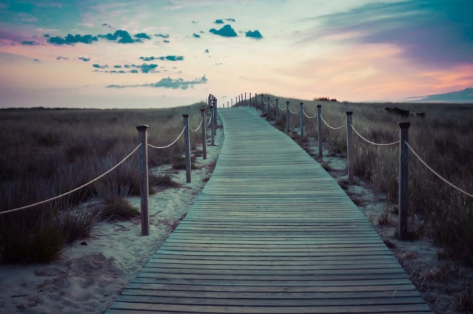 Wall mural of a long wooden pier leading to the beach, FP 3594 - Graphic design.