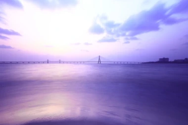 Wall mural of a bridge against a purple sunset, FP 3597 - Graphic design with thin line details.