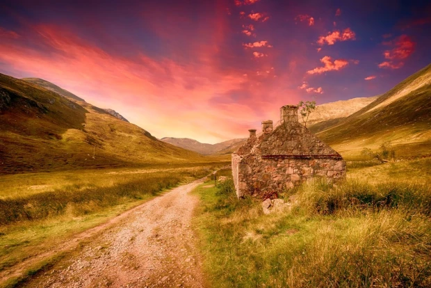 Pink-purple sky wallpaper over a path FP 3632 - Set in a natural landscape with visible mountains and a pathway.