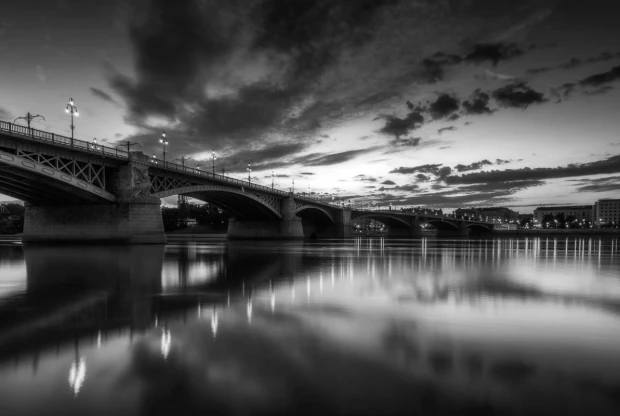 Parisian night wall mural FP 3860 - Graphic design. Black and white bridge over a river with reflection in the water.