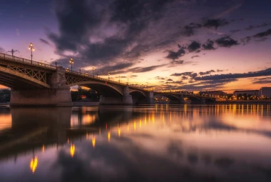 Parisian night wall mural FP 3860 - Graphic design featuring a bridge over a river in a nighttime scene with water reflection.