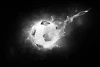 Wall mural of a soccer ball in flames FP 4034 - Graphic design with a ball surrounded by fire and smoke on a dark background.