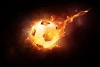 Wall mural of a soccer ball surrounded by flames on a dark background, design FP 4034.