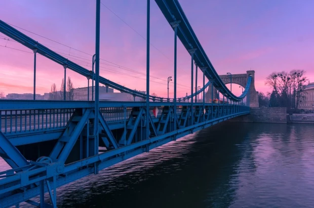 Grunwaldzki Bridge wall mural FP 4227 - Graphic design. Blue-toned bridge against a pink sky backdrop.