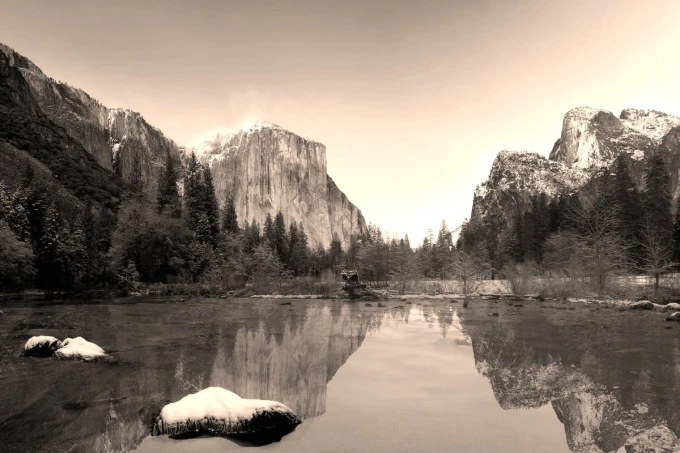 Pastel mountain landscape wall mural FP 4319 - Graphic design featuring mountains, forests, and water reflection.